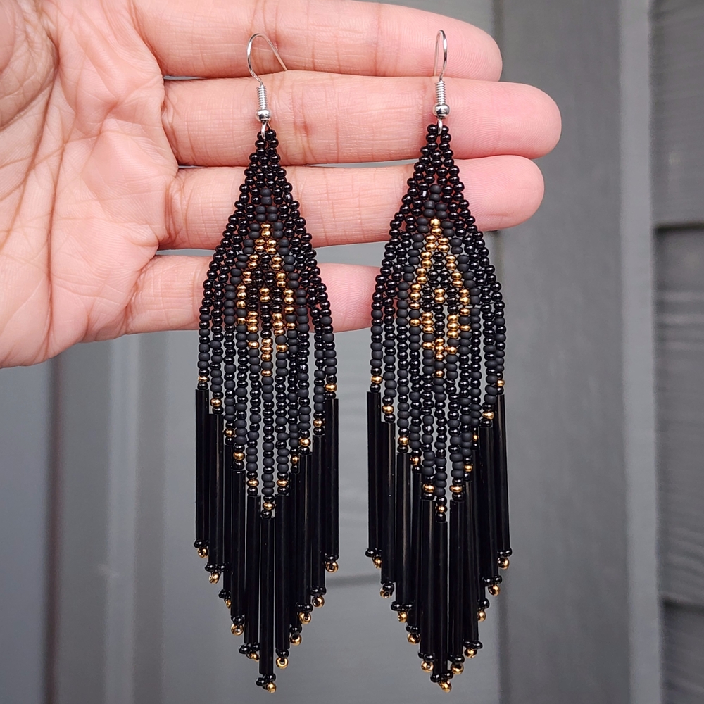 Boheme Black and Gold Beaded Fringe Earrings